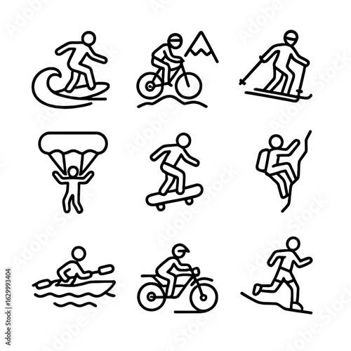 Action Camera Icons. Outline icon set of action cam sports use: surfing, mountain biking, skiing, skydiving, skateboarding, rock