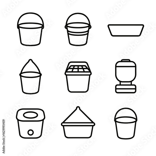 Feed Bucket Icons. Outline icon set of feed bucket types: plastic bucket, metal pail, trough feeder, hanging bucket, slow feeder