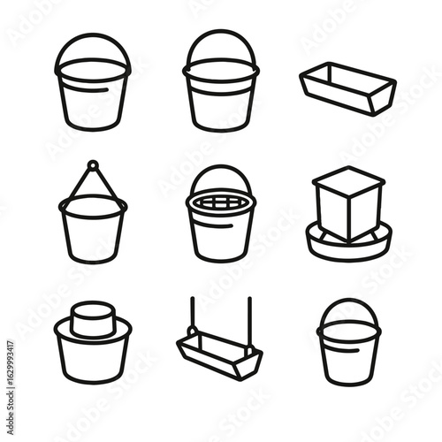Feed Bucket Icons. Outline icon set of feed bucket types: plastic bucket, metal pail, trough feeder, hanging bucket, slow feeder
