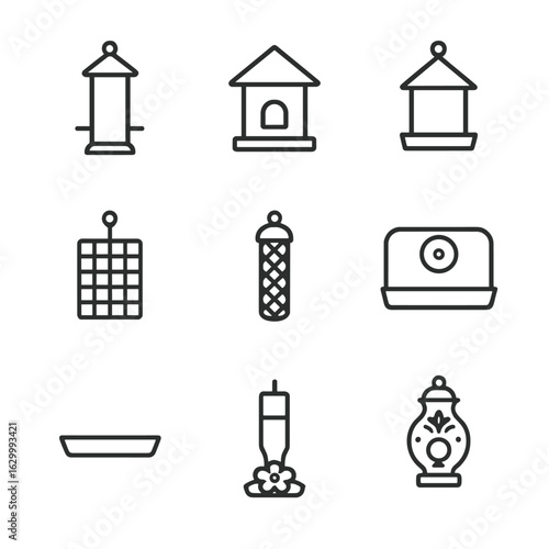 Feeder Icon Set. Outline icon set of feeder types: tube feeder, hopper feeder, platform feeder, suet feeder, mesh feeder, window
