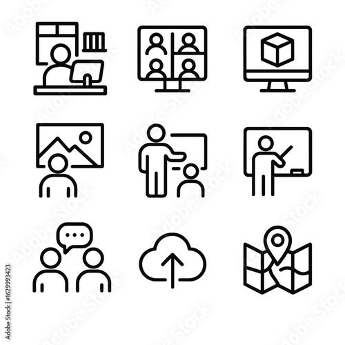 Digital Environment Icons. Outline icon set of digital environments: virtual office, conference call, 3D modeling, virtual gallery