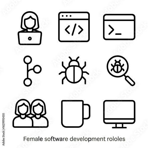 Female Developer Icons. Outline icon set of female software development roles: laptop with code, code editor window, terminal