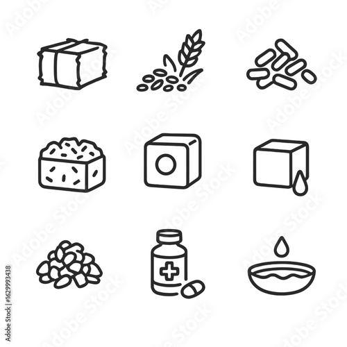 Feed Materials Icons. Outline icon set of feed materials and contents: hay, grain, pellet feed, silage, mineral block, salt lick,