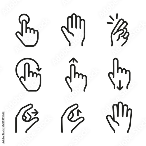 Advanced Gesture Icons. Outline icon set of advanced gesture controls: air tap, hand wave, finger snap, circle gesture, swipe up,
