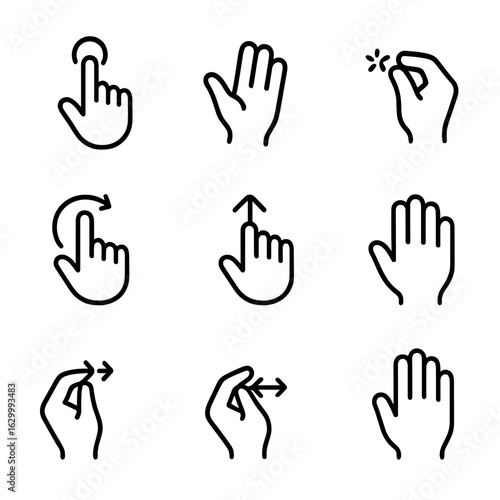 Advanced Gesture Icons. Outline icon set of advanced gesture controls: air tap, hand wave, finger snap, circle gesture, swipe up,