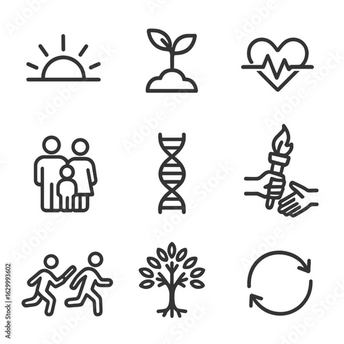 Cycle of Life Icons. Outline icon set of life continuation: sunrise, seedling, heartbeat, family, DNA strand, passing torch, relay