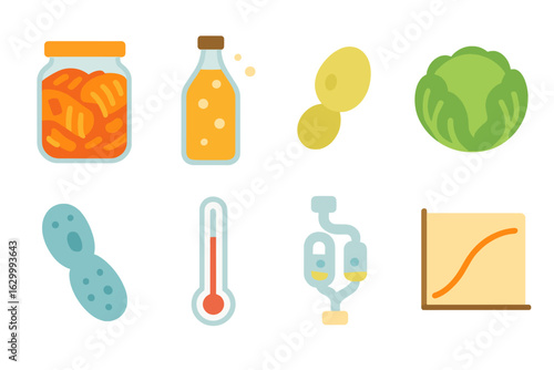 Fermentation Fun Icons. Flat vector mini-illustrations fermentation processes in colors children's illustrations: glass jar with