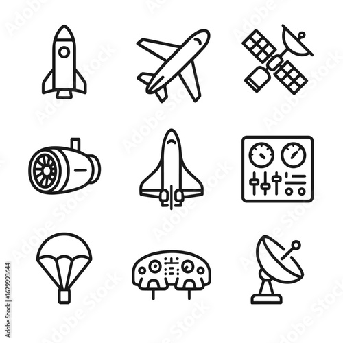 Aerospace Icon Set. Outline icon set of aerospace engineering: rocket, airplane, satellite, jet engine, space shuttle, control
