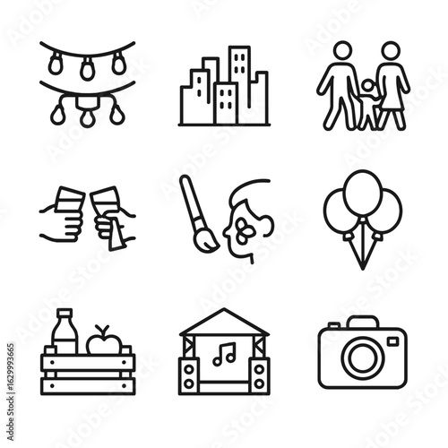 Festival Icons Set. Outline icon set of festival ambience and attendees: string lights overhead, urban skyline backdrop, family