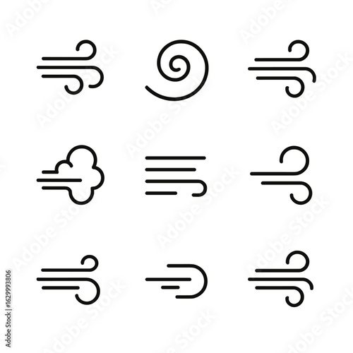 Air Movement Icons. Outline icon set of air movement: gust, swirl, breeze, puff, draft, vacuum, air current, jet, gust of wind.