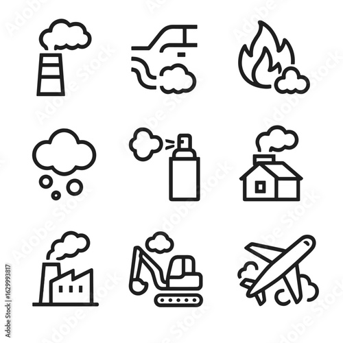 Air Pollution Icons. Outline icon set of air pollution sources: smokestack, exhaust pipe, wildfire, dust cloud, aerosol spray,