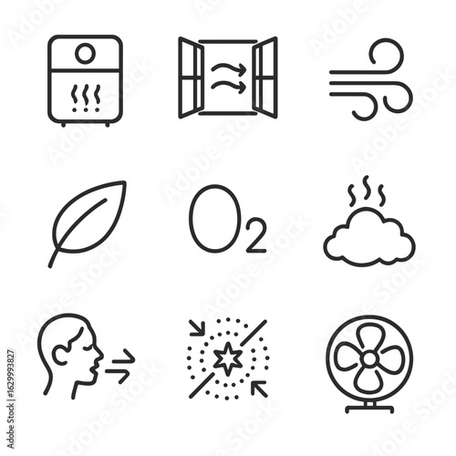 Air Purification Icons. Outline icon set of air cleansing: air purifier, open window, wind swirl, fan, leaf, oxygen molecule,