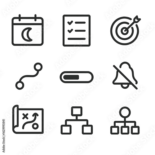 New Moon Planning Icons. Outline icon set of new moon planning: calendar with moon glyph, task list outline, goal target icon,