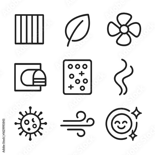 Air Purification Icons. Outline icon set of air purification: air filter, leaf, fan, ventilation duct, ionizer, smoke, pollen,