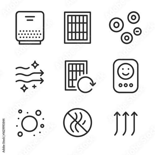 Air Purifier Icon Set. Outline icon set of air purification: air purifier unit, HEPA filter outline, ionizer symbol, clean air