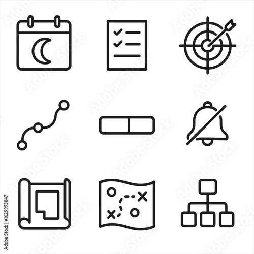 New Moon Planning Icons. Outline icon set of new moon planning: calendar with moon glyph, task list outline, goal target icon,