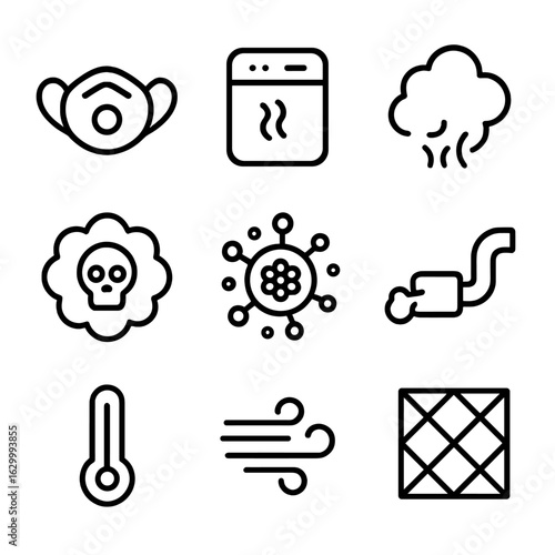 Air Quality Icons. Outline icon set of air quality: pollution mask, air purifier, smoke, gas cloud, pollen, exhaust pipe,