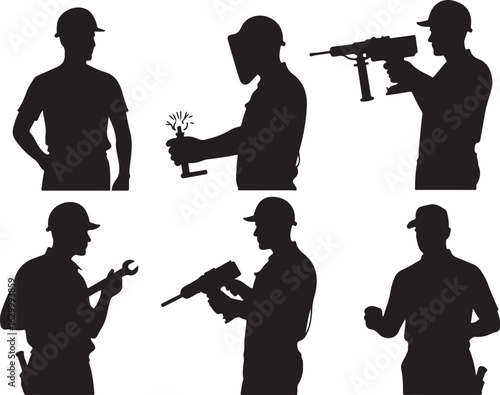 Skilled workers with tools, construction, industry, and labor professionals