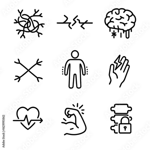 Neurological Disorder Icons. Outline icon set of neurological disorder: tangled nerves, broken signal, frozen brain, locked spinal