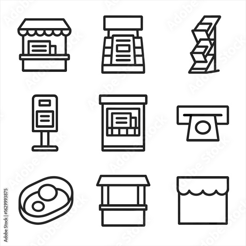 Newsstand Icon Set. Outline icon set of newsstand and kiosks: street kiosk, news rack, magazine stand, sidewalk box, vending