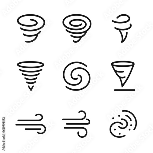 Air Current Icons. Outline icon set of air currents: whirlwind, vortex, dust devil, tornado, cyclone, funnel cloud, gust, swirling