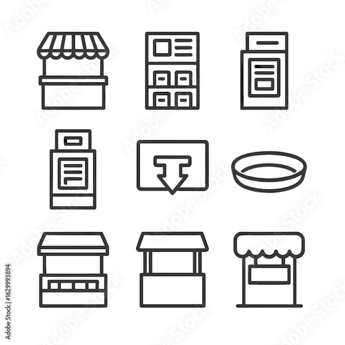 Newsstand Icon Set. Outline icon set of newsstand and kiosks: street kiosk, news rack, magazine stand, sidewalk box, vending