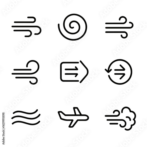 Air Movement Icons. Outline icon set of air movement: gust, swirl, breeze, puff, draft, vacuum, air current, jet, gust of wind.