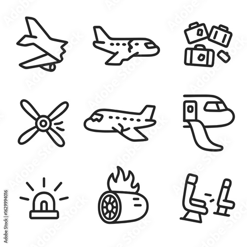 Airplane Wreckage Icons. Outline icon set of airplane wreckage: broken wing, damaged fuselage, scattered luggage, twisted