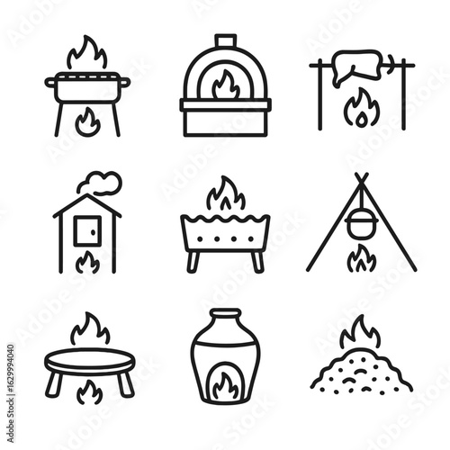 Fire Cooking Icons. Outline icon set of fire-based cooking methods: open flame grill, wood-fired oven, spit roast, smoking chamber