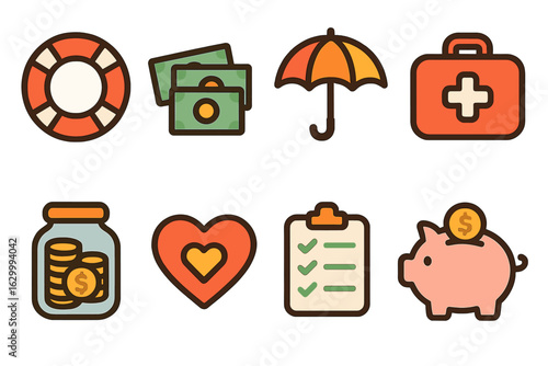 Financial Security Icons. Flat vector mini-illustrations emergency fund cushion in colors children's illustrations: lifesaver ring
