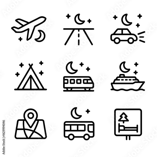 Night Travel Icons. Outline icon set of night travel: airplane night flight, moonlit road, car headlights beam, camping tent under