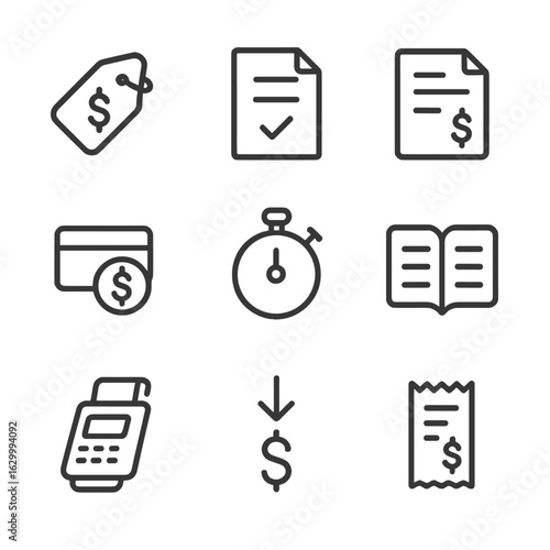 Financial Icons Outline. Outline icon set of fee structuring and billing: hourly rate tag, retainer agreement sheet, invoice