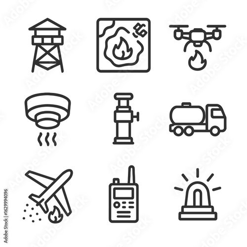 Fire Safety Icon Set. Outline icon set of fire detection and response equipment: lookout tower, satellite image, drone patrol,