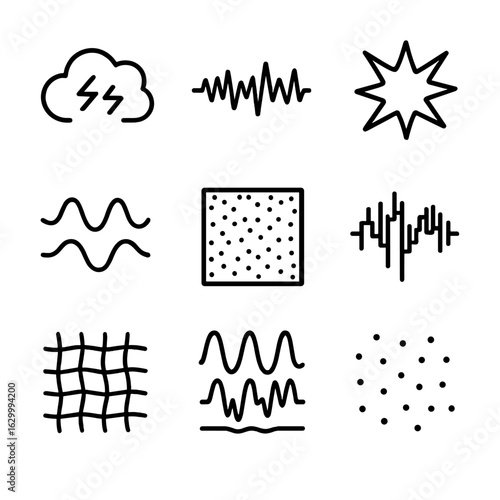 Noisy Environment Icons. Outline icon set of noisy environment symbols: buzzing cloud, static wave, interference burst, glitch