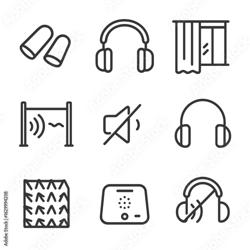 Noise Reduction Icons. Outline icon set of noise reduction methods: earplugs, muffler, soundproof curtains, noise barrier, volume