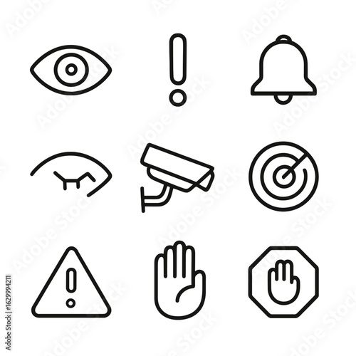 Alertness Icon Set. Outline icon set of alertness: eye wide open, exclamation mark, bell, blinking icon, security camera, radar