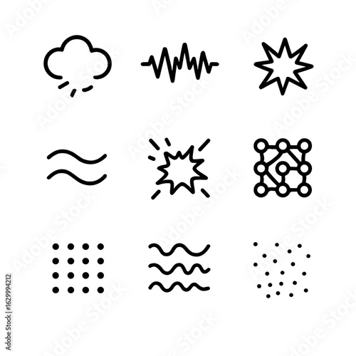 Noisy Environment Icons. Outline icon set of noisy environment symbols: buzzing cloud, static wave, interference burst, glitch