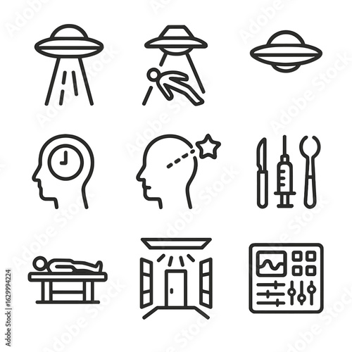 Alien Abduction Icons. Outline icon set of alien abduction themes: tractor beam, levitating human, UFO hovering, time loss, memory