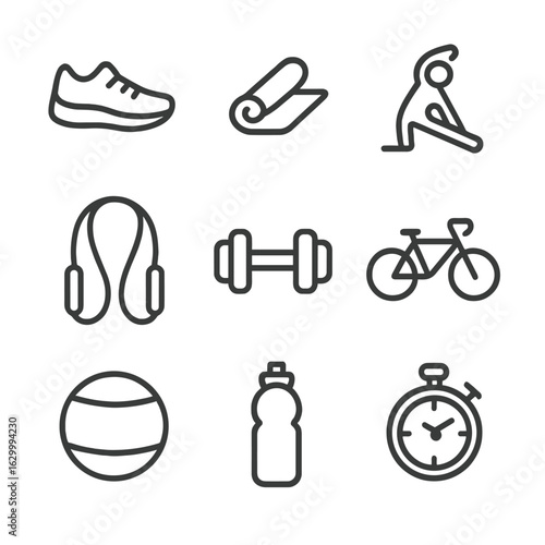 Fitness Icon Grid. Outline icon set of simple physical activities: walking shoe, yoga mat, stretching silhouette, jumping rope,