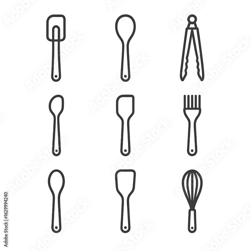 Non-Stick Utensils Icons. Outline icon set of non-stick safe utensils: silicone spatula, silicone spoon, nylon tongs, plastic