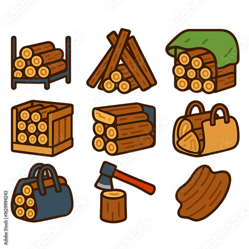 Firewood Storage Icons. Flat vector mini-illustrations firewood stacking and storage in colors children's illustrations: log rack,