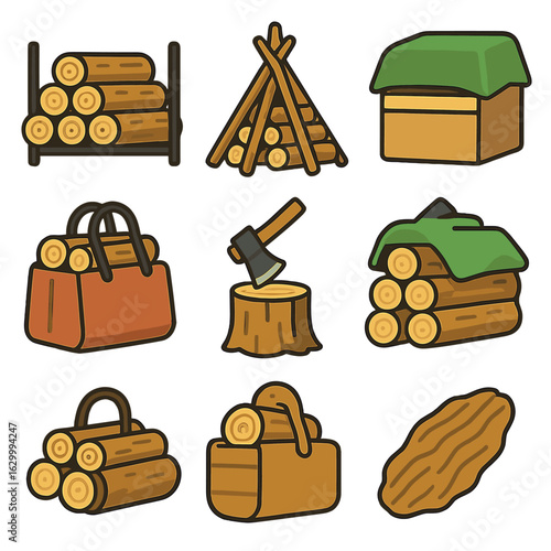 Firewood Storage Icons. Flat vector mini-illustrations firewood stacking and storage in colors children's illustrations: log rack,