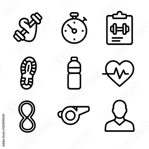 Fitness Icon Set. Outline icon set of personal trainer instruction: dumbbell curl, stopwatch timer, clipboard with workout plan,