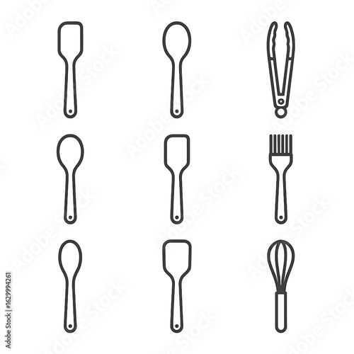 Non-Stick Utensils Icons. Outline icon set of non-stick safe utensils: silicone spatula, silicone spoon, nylon tongs, plastic