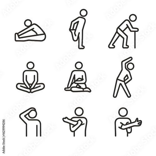 Flexibility Stretch Icons. Outline icon set of flexibility stretches: hamstring stretch, quad stretch, calf stretch, butterfly