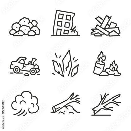 Disaster Remains Icons. Outline icon set of remains from disaster: rubble, collapsed building, debris, wreckage, broken machinery,