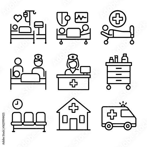 Nurse and Lab Icons. Outline icon set of nurse environments: hospital ward, ICU, emergency room, patient room, nurse station,