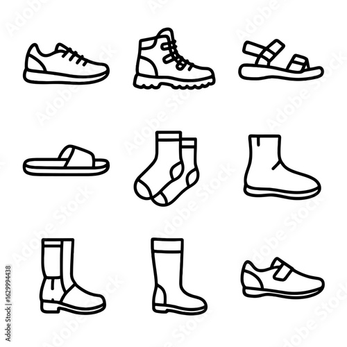 Nylon Footwear Icons. Outline icon set of nylon footwear: nylon sneakers, nylon hiking boots, nylon sandals, nylon slippers, nylon