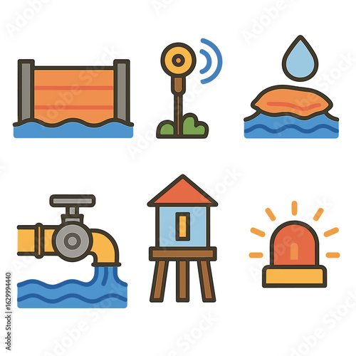 Flood Barrier Icons. Flat vector mini-illustrations of resilient flood barriers in colors children’s illustrations: retractable