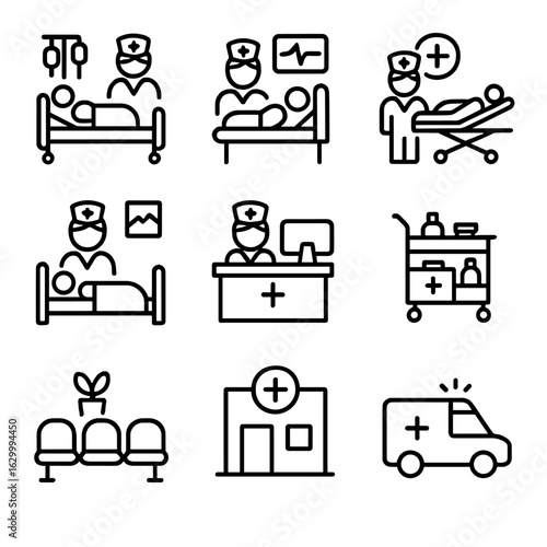 Nurse Environment Icons. Outline icon set of nurse environments: hospital ward, ICU, emergency room, patient room, nurse station,